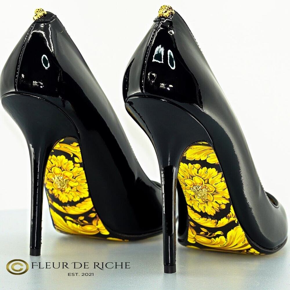 Versace Black Medusa Barocco Print Patent Leather Pointed Toe Pump Heels EU 38.5